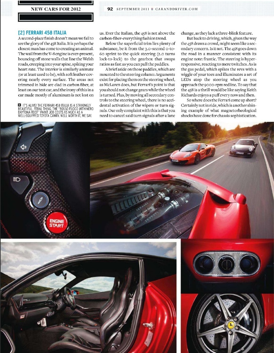 Porsche 997 GT2 RS vs McLaren MP4-12C vs Ferrari 458 (Car & Driver mag