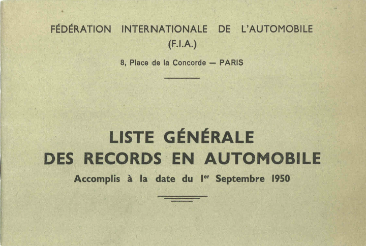 Книга FIA Liste generale des records en automobile, 09.1950