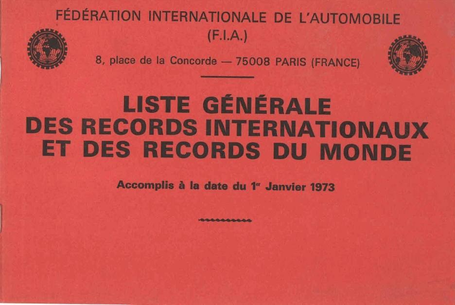 Книга FIA Liste generale des records internationaux et des records du monde, 01.1973