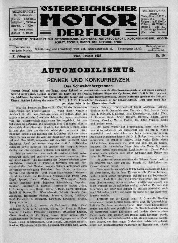 Журнал Osterreichischer motor der flug №10 1923