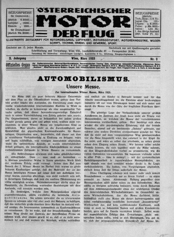 Журнал Osterreichischer motor der flug №3 1923