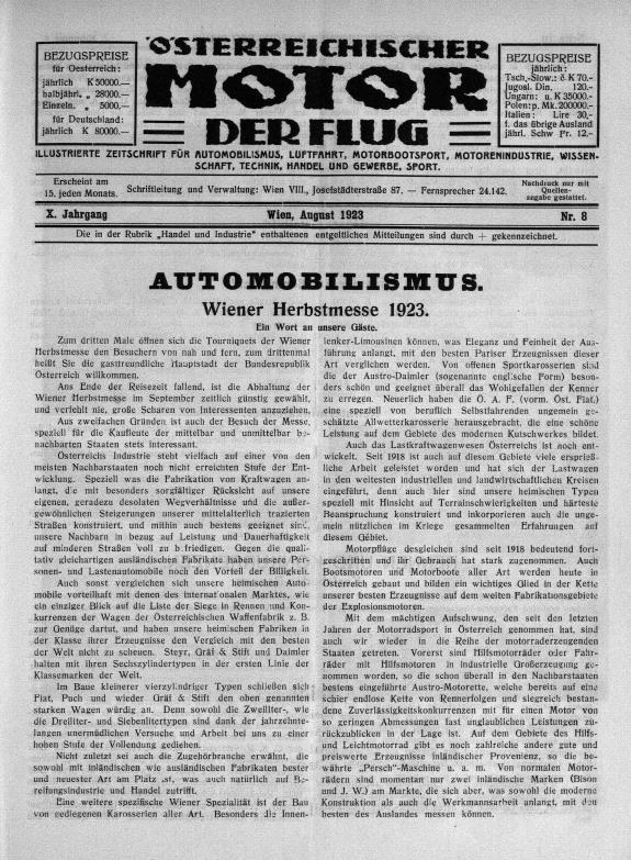 Журнал Osterreichischer motor der flug №8 1923